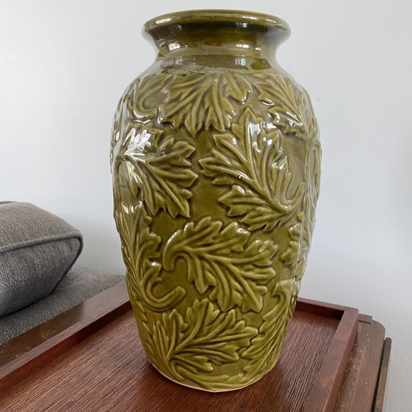 Other - Tall Green Leaf Pattern Pottery Vase # 04 On Bottom
